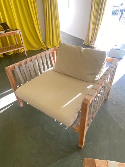 Living room in teak and fabric strips including...