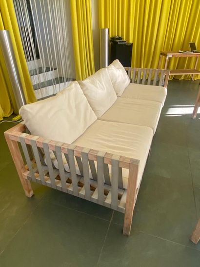 Living room in teak and fabric strips including...