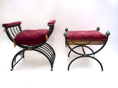 Two wrought-iron curved stools with crimson...