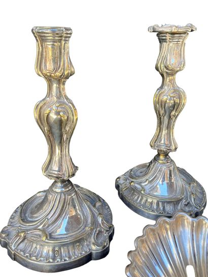 Set of silver-plated pieces: pair of candlesticks,...