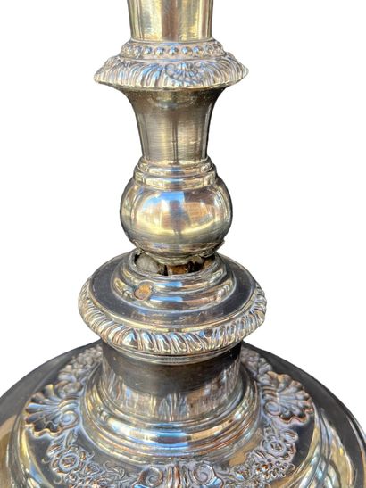 Set of silver-plated pieces: pair of candlesticks,...