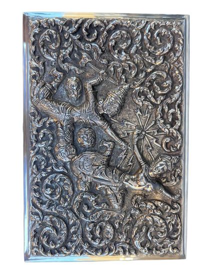 Silver box with repoussé decoration of dancers....