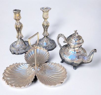Set of silver-plated pieces: pair of candlesticks,...