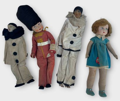Set of 4 rag dolls including 2 Pierrots,...
