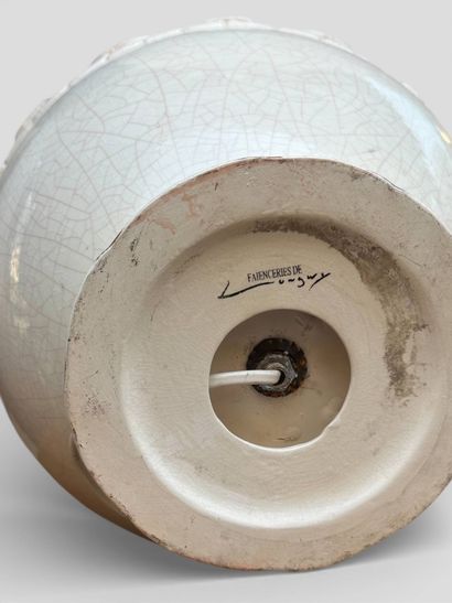 LONGWY. 
Cream craquelé earthenware lamp...