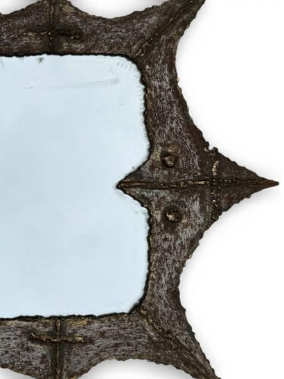 Large mirror with Brutalist decor in welded...
