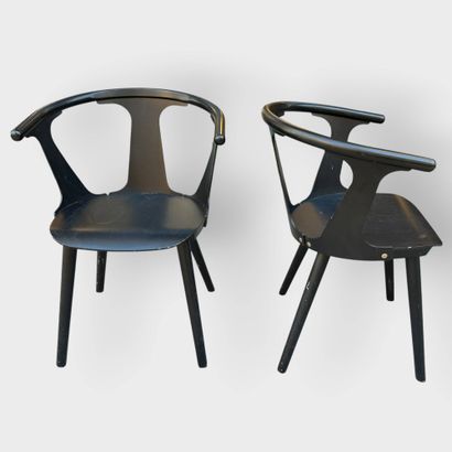 Set of 4 armchairs in wood and black PVC