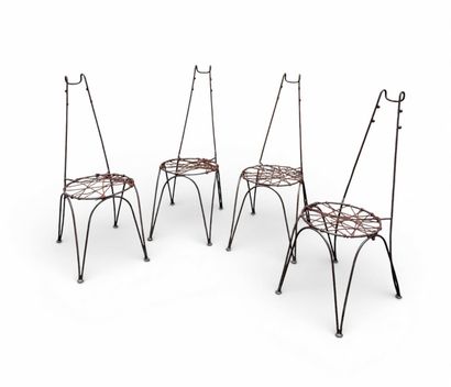 Suite of 4 chairs in brown lacquered metal,...