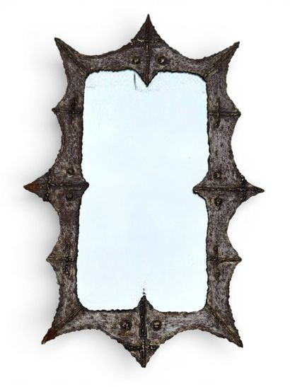 Large mirror with Brutalist decor in welded...