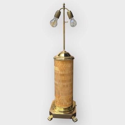 Brass lamp base trimmed with straw marquetry,...