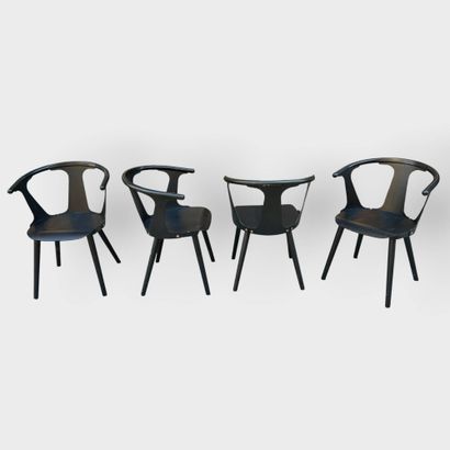 Set of 4 armchairs in wood and black PVC