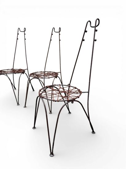 Suite of 4 chairs in brown lacquered metal,...
