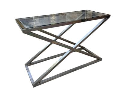 Chrome-plated metal console with glass top.
Circa...