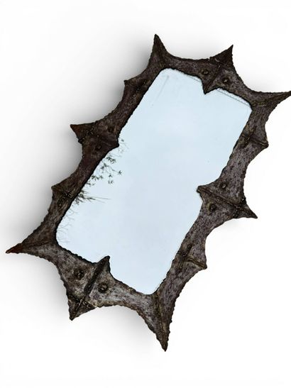 Large mirror with Brutalist decor in welded...
