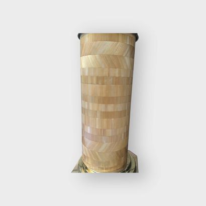 Brass lamp base trimmed with straw marquetry,...
