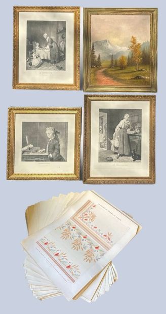 Set comprising 4 framed pieces and one tapestry:
-Three...