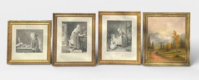 Set comprising 4 framed pieces and one tapestry:
-Three...