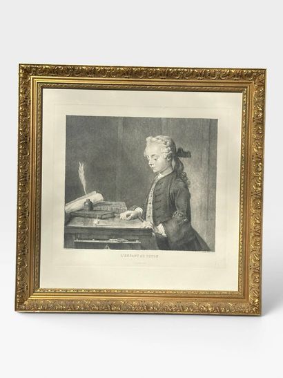 Set comprising 4 framed pieces and one tapestry:
-Three...