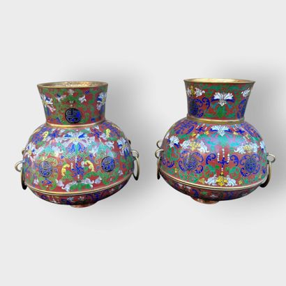 Pair of covered pots with cloisonné enamel...