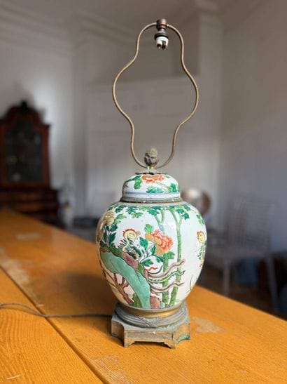Porcelain covered vase with polychrome decoration...