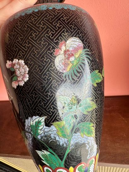 Pair of baluster vases in cloisonné enamel...