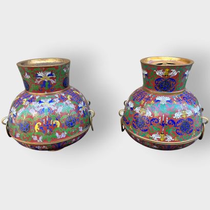 Pair of covered pots with cloisonné enamel...