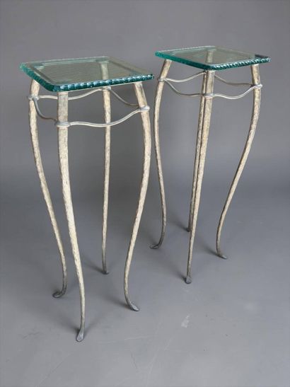 Pair of pedestal tables with metal base and...