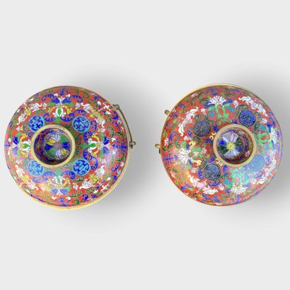Pair of covered pots with cloisonné enamel...