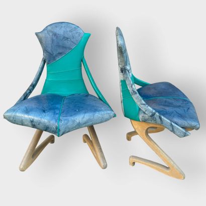 Franck POYETON 
Set of 6 blue and green wood...