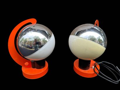Pair of spherical lamps in chromed and orange...