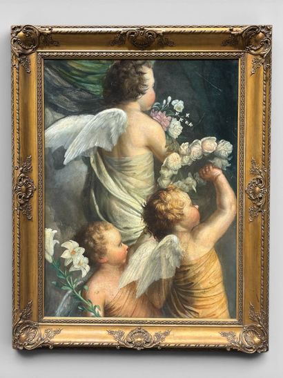 Nineteenth century school.
Three putti.
Oil...
