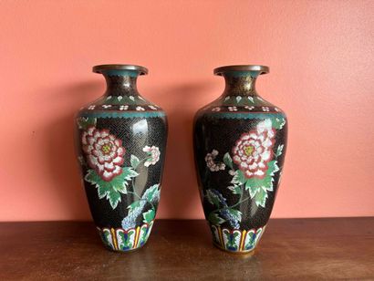 Pair of baluster vases in cloisonné enamel...