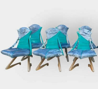 Franck POYETON 
Set of 6 blue and green wood...
