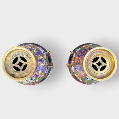 Pair of covered pots with cloisonné enamel...
