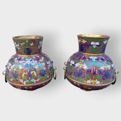 Pair of covered pots with cloisonné enamel...