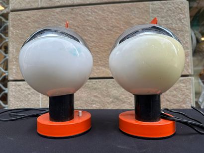 Pair of spherical lamps in chromed and orange...