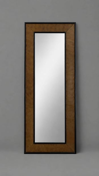 Rectangular mirror with brown stingray leather-covered...