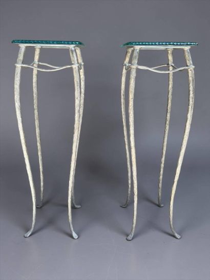 Pair of pedestal tables with metal base and...
