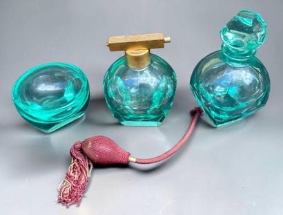 MOSER
Green cut crystal toiletries set. Signed...