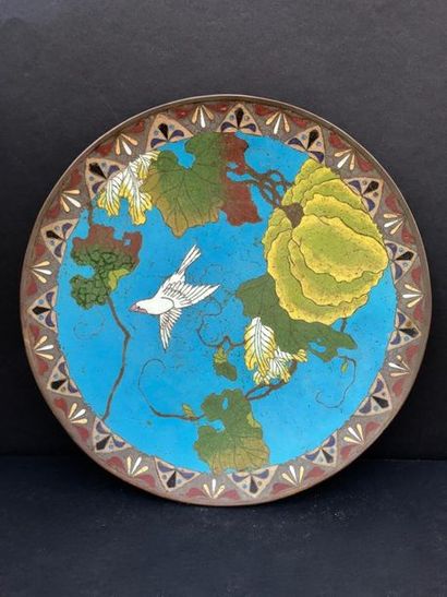 Plat en émaux cloisonnés à décor d'oiseaux

D...