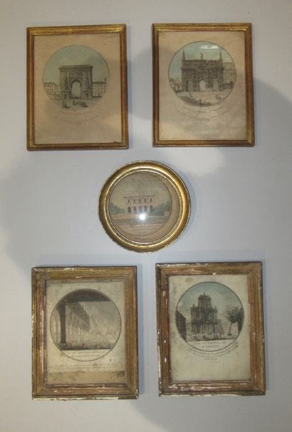 Série de cinq gravures aquarellées rondes...