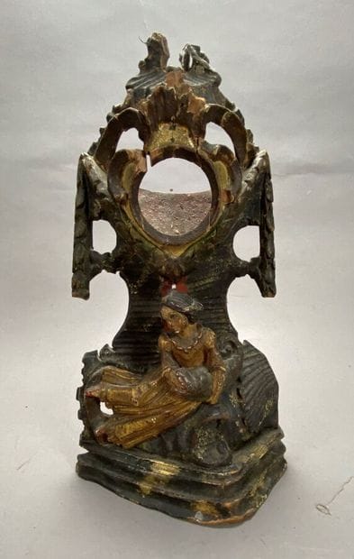 Painted wooden watch case, (ex reliquary)...