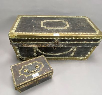 Black stained leather and brass chest. 18th...