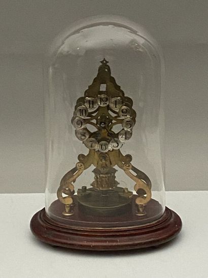 Skeleton clock 400 days in bronze under globe,...