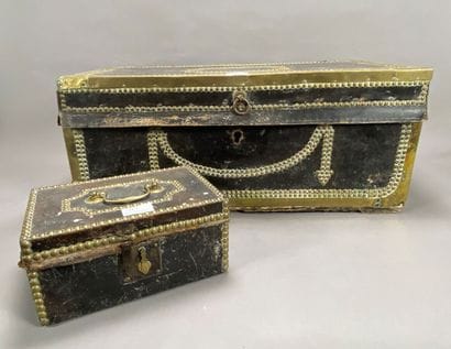 Black stained leather and brass chest. 18th...