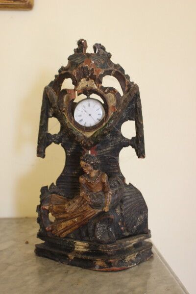 Painted wooden watch case, (ex reliquary)...