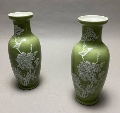 Pair of green earthenware potiches. Modern...