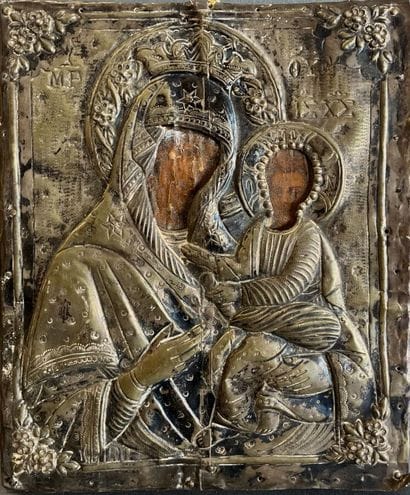 Icône Vierge à l'enfant tempera sur bois...