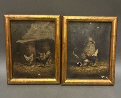 ECOLE FRANCAISE XIXe
Poules 
Paire d'huiles...