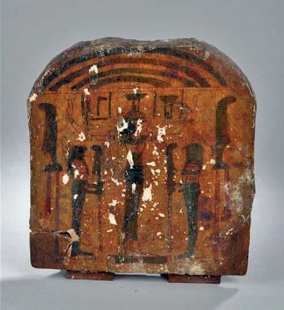 FRAGMENT DE SARCOPHAGE.
Bois, stuc et pigment.
Égypte,...